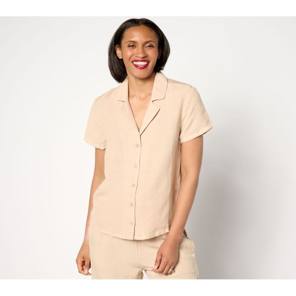 Side Stitch Women's Top Sz M Short-Sleeve Notch Collar Shirt Brown A640299